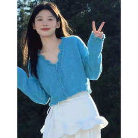 韩系甜美风温柔蓝色领针织开衫女2026春季新款长袖套头气质上衣