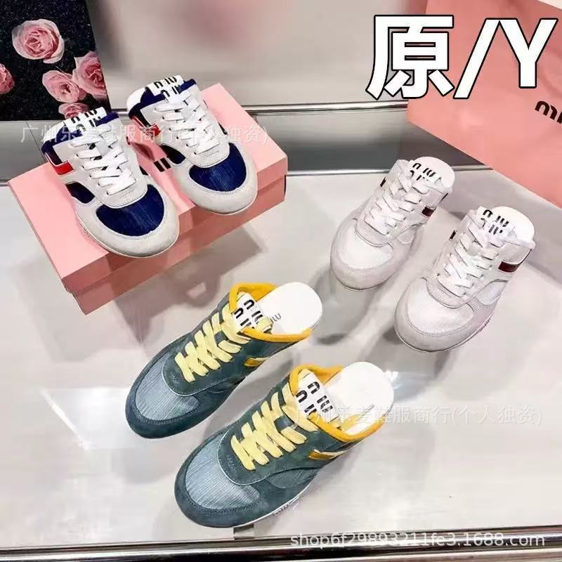 高品质~miu家拼色德训半拖鞋休闲百搭真皮网面圆头系带阿甘运动鞋|undefined