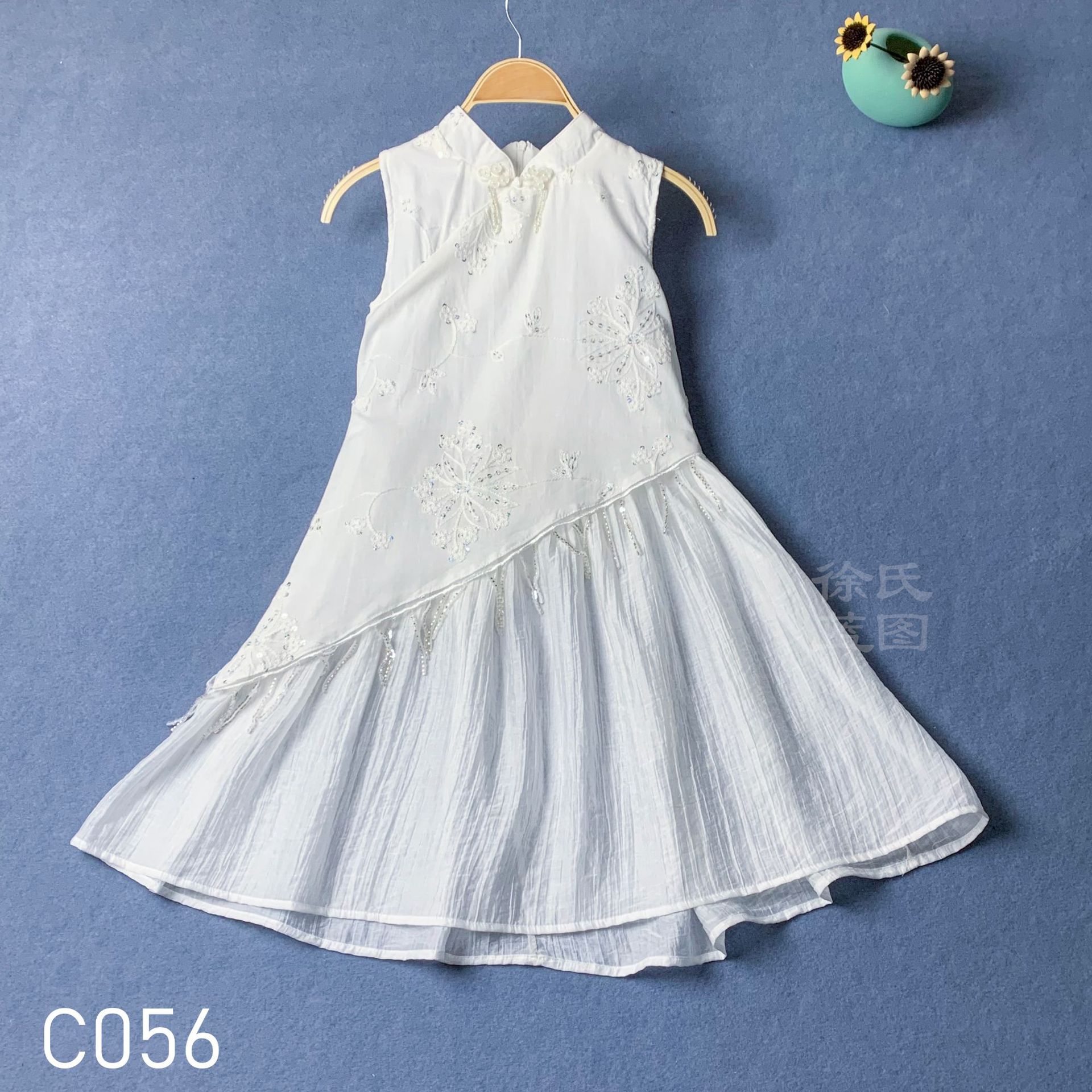 Tie-Dye White Summer New Girls' Cheongsam Dress Chinese Style Children's Clothing Embroidered Irregular White Skirt