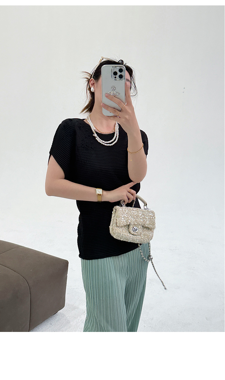 Áo thun nữ ngắn tay cổ tròn xếp ly co giãn cao — Tím hoa oải hương chi tiết 22