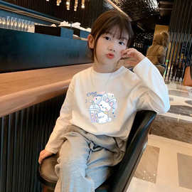 长袖t恤女童春秋薄款纯棉打底衫儿童装套头圆领印花上衣白色秋装