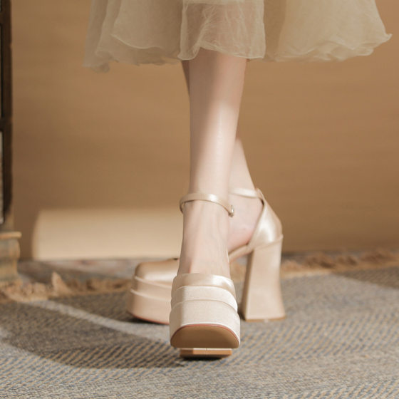 Jin Gang MY12005 Square Head Thick Heeled Hollow Double Layer Waterproof Platform Super High Heeled Shoes Women's 2024 Wedding Shoes Bridal Shoes