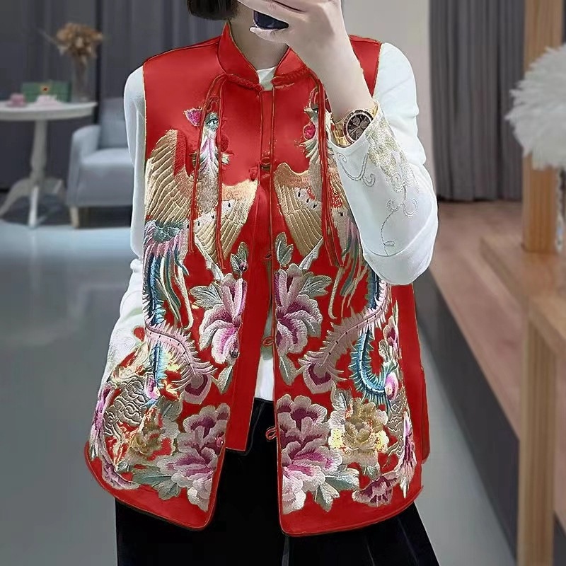 2024 New Chinese Style Heavy Embroidery Phoenix Full Body Vest for Women Spring Summer Elegant Button Tang Suit Vest for Women