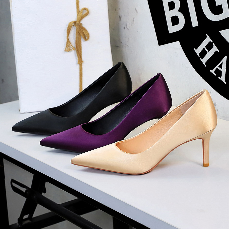 8358-A Stiletto High Heels Women Shallow Mouth Satin Versatile OL Simple Professional Work Shoes Elegant Pointed Toe_vogvips.com