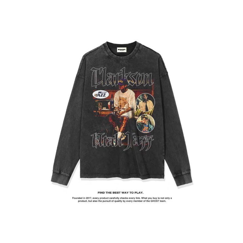 Clarkson American Star camiseta callejera hip-hop marca de tendencia impresión retro hacer viejo lavado pesado cuello redondo manga larga