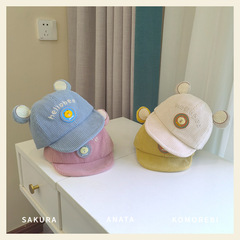 秋冬季厚款燈芯絨兒童軟檐帽子小熊標熊耳朵寶寶鴨舌帽3-6-12月