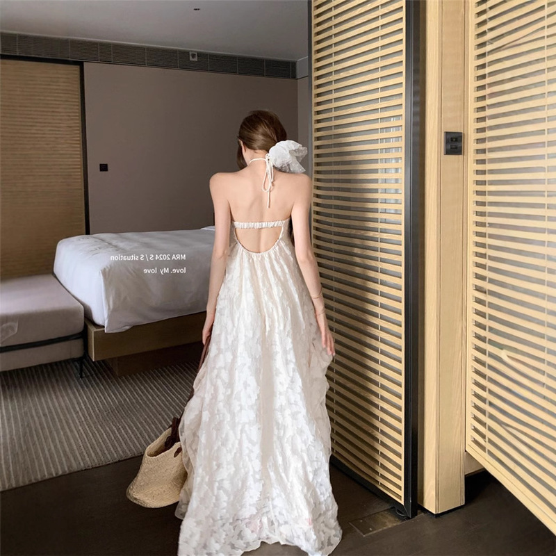 French Style Neck Summer Seaside Vacation dress Women's Large Backless Long Dress Super Fairy Elegant Loose A- line Skirt