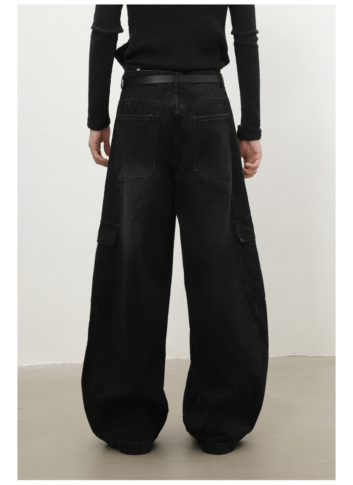 Quần jean nam ống rộng baggy phong cách retro Mỹ, nhiều túi khóa kéo, lưng giữa eo — màu xám đen chi tiết 5