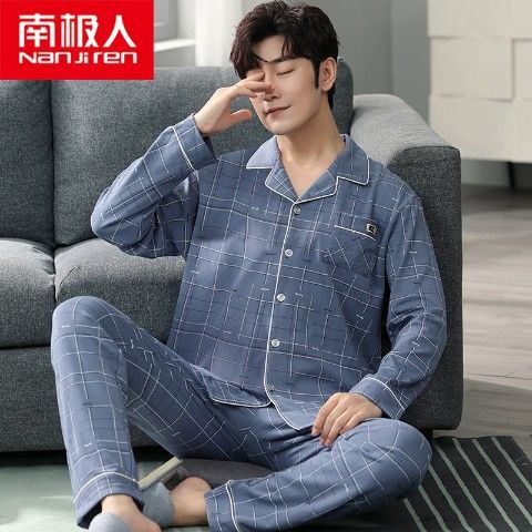 Pijamas de los hombres manga larga 100% algodón primavera, otoño e invierno algodón flojo más tamaño traje desgaste del hogar