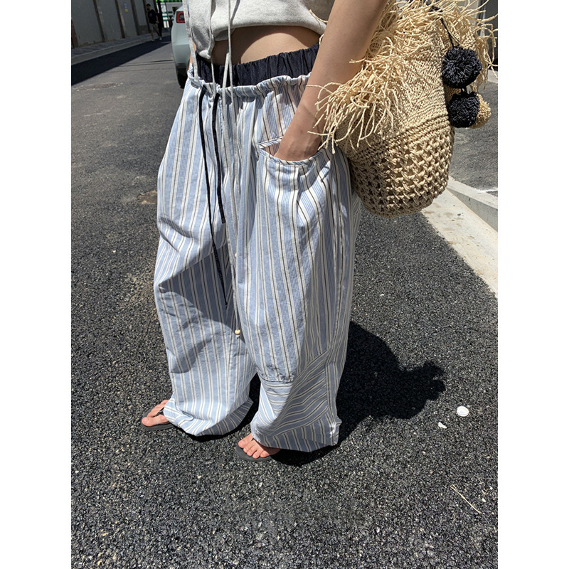 【现货】2025夏日松弛感抽绳蓝色条纹裤直筒长裤子休闲裤女阔腿裤|undefined