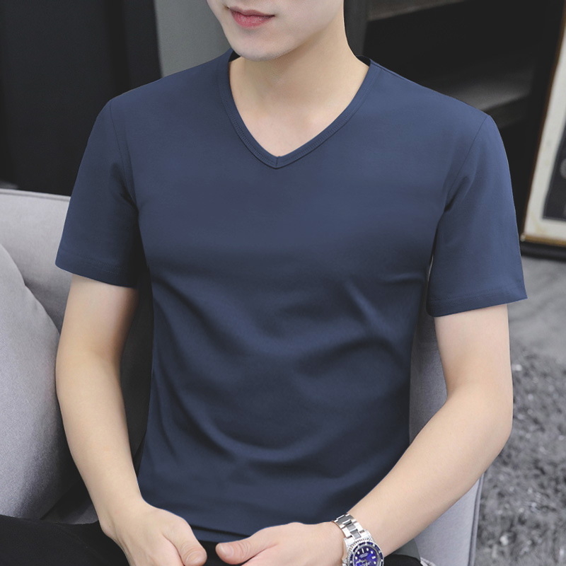 V-neck T-shirt Men's Short-sleeved 2024 Base Shirt New Fashion All-match Sweater Solid Color Cotton 200g Top