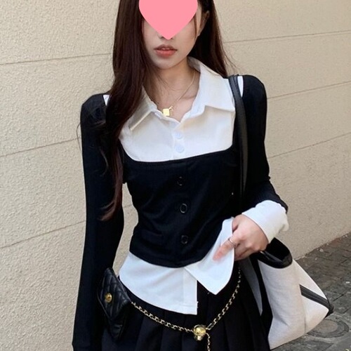 Spring new sweet and spicy college style contrasting fake two-piece tops for women's design, slim and long-sleeved T-shirt