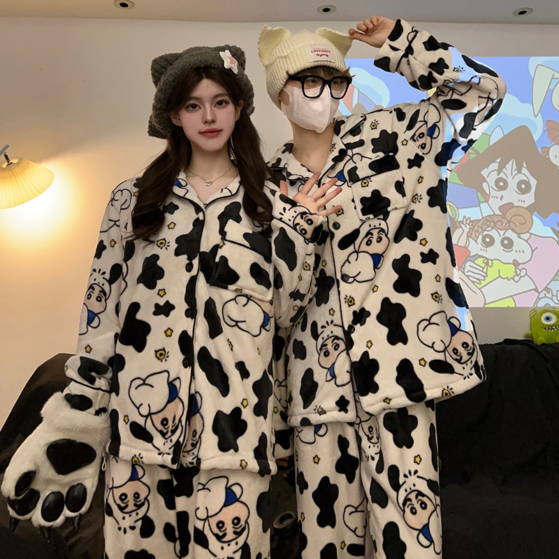 Korean Cartoon Crayon Shin-Chan Pajamas for Women Autumn and Winter Flannel Thickeneded Men's Suits Coral Velvet Couple Home Clothes