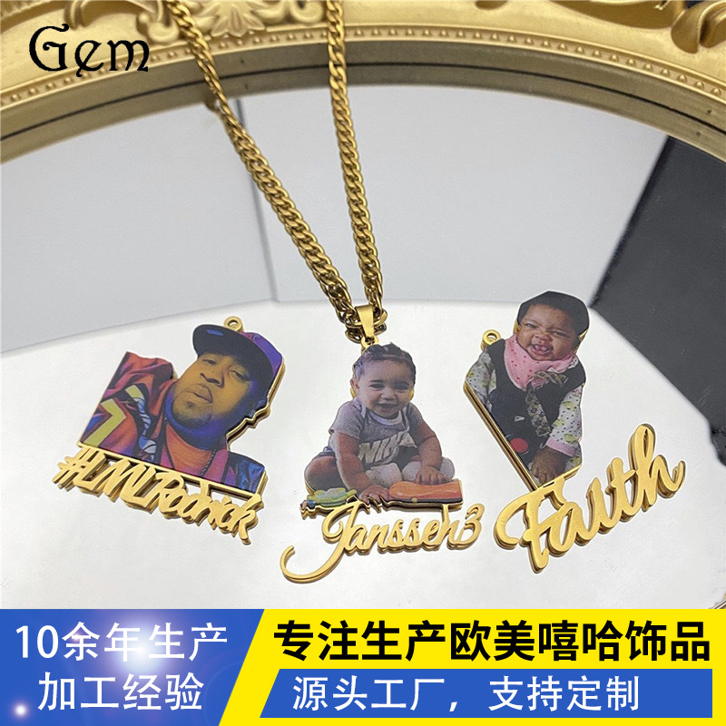 欧美新款私人DIY不锈钢彩色人物图像吊坠英文字母头像定制项链潮