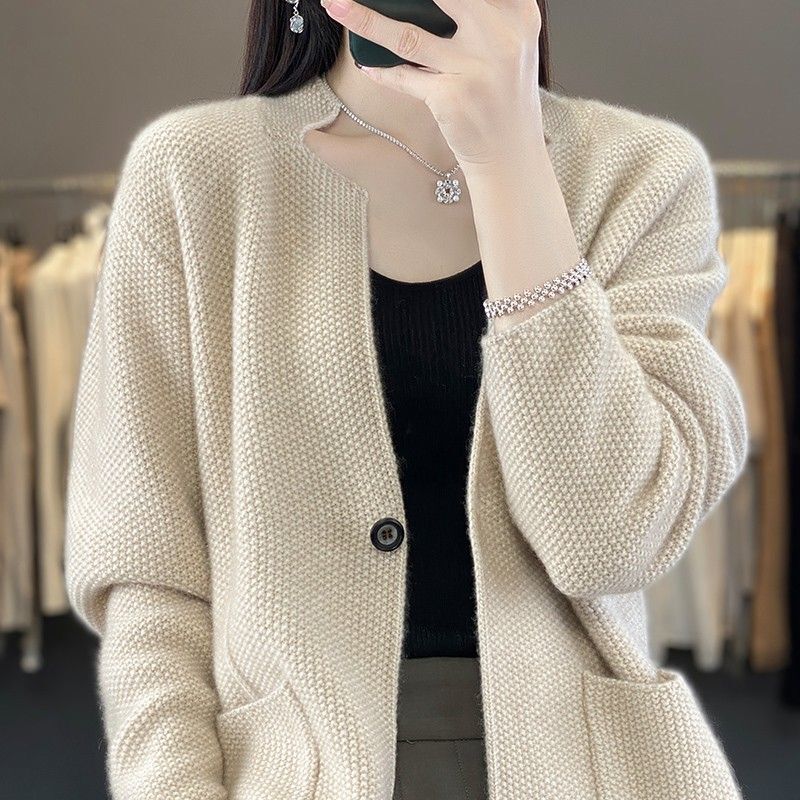 Elegant Cardigan for Women, New Autumn and Winter Fashion, V-Neck with Pockets, Loose Lazy Style, Knitted Blazer
