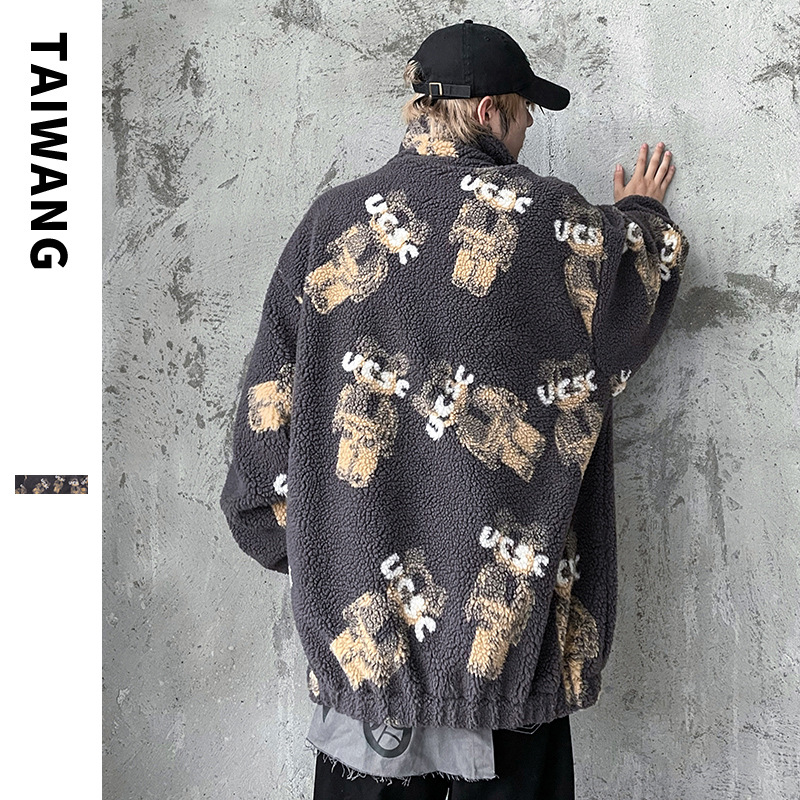 Men's Clothing Fashionable Lambswool Jacket Robot Bear Jacket Loose Drop Shoulder Cotton Coat_voghion.com