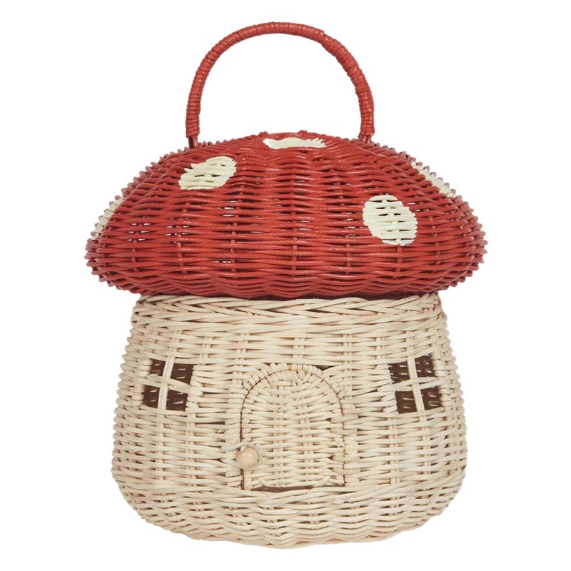 INS estilo hecho a mano ratán en forma de seta cesta de almacenamiento accesorios de tiro para niños bolsa de mano cesta decoraciones de la habitación de los niños