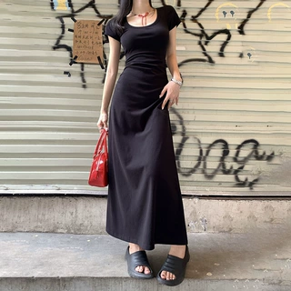 气质纯色修身短袖连衣裙女2026夏季垂感中长款大摆裙子收腰长裙潮