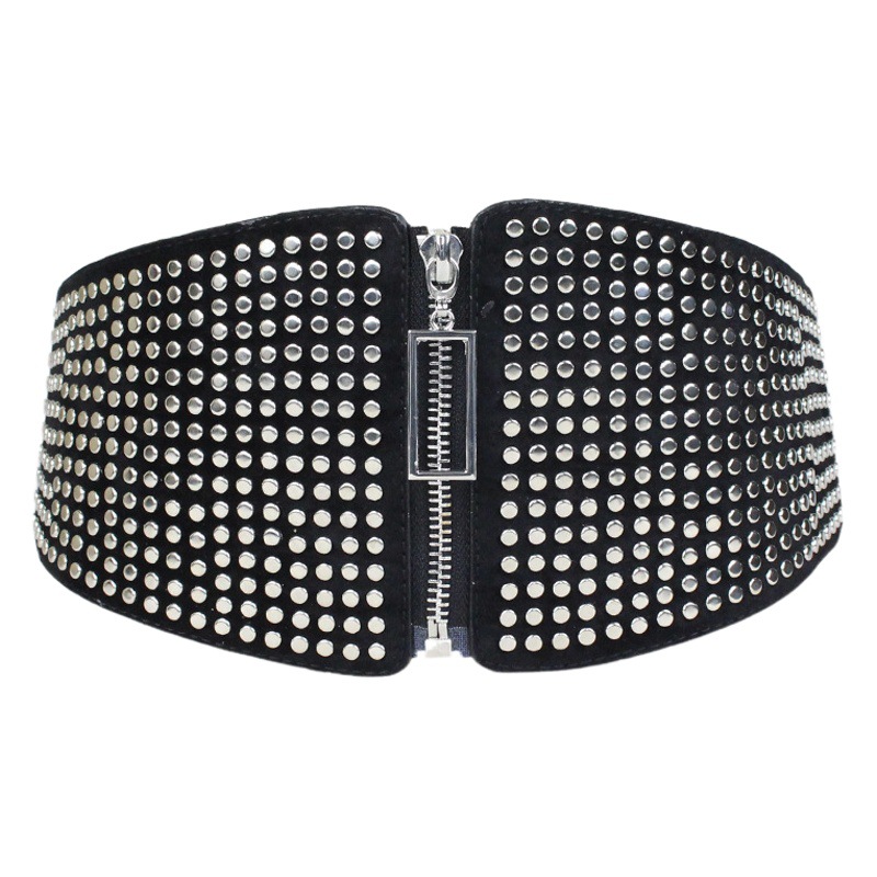 Moda europea y americana cremallera elástica cintura sello decoración todo partido suéter cinturón ancho con falda remache cinturón de mujer