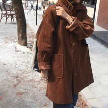 韩国ins秋装复古老钱小众设计灯芯绒翻领单排扣外套中长款风衣女