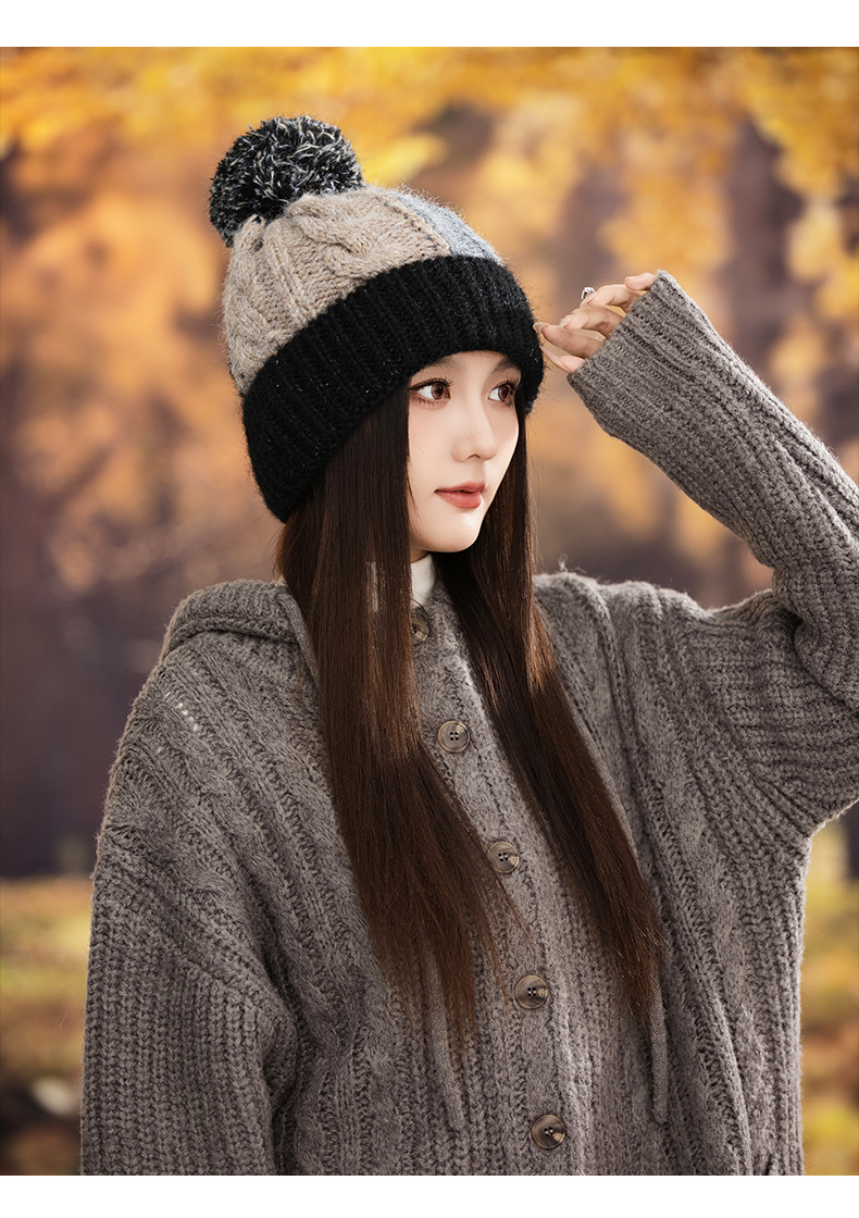 Fashion Versatile Color Block Pom Knitted Autumn Winter Outdoor Fleece Lined Thickened Warm Artistic Retro Pullover Hat_voghion.com