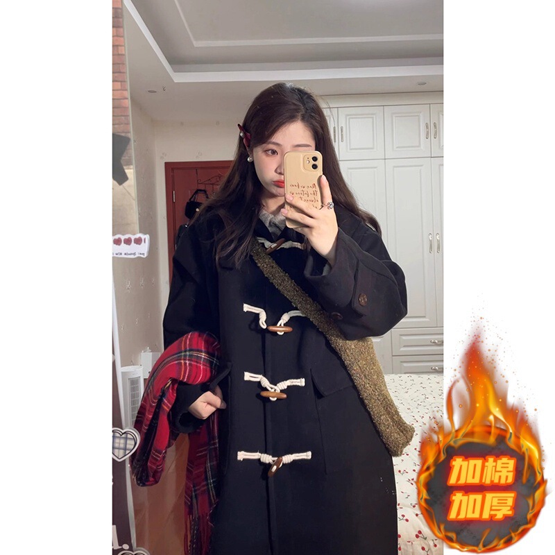 Black Wool Coat with Horn Buttons for Women, Autumn and Winter 2026 New Hepburn Style Korean Elegant Thick Woolen Coat