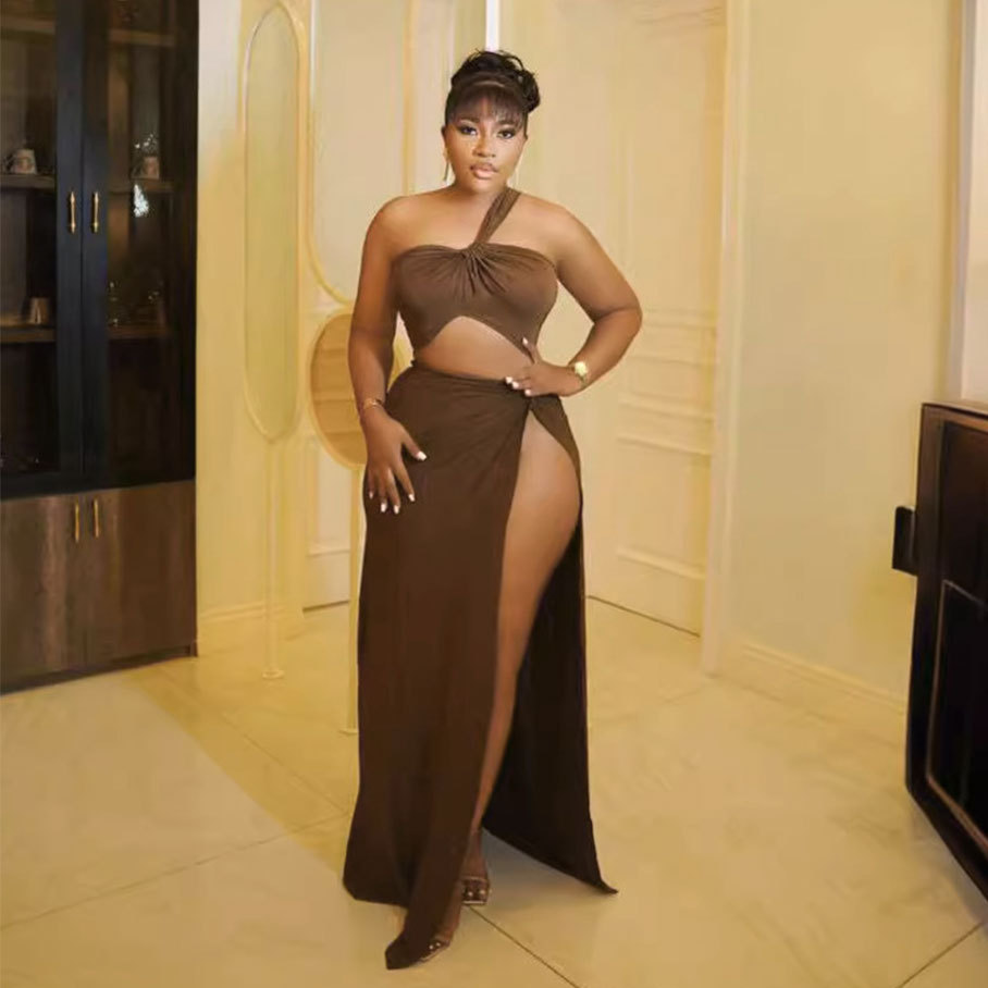 Solid Color off Shoulder Short Top Large Slit Long Skirt Two Piece Set 5 Solid Color off Shoulder Short Top Large Slit Long Skirt Two Piece Set