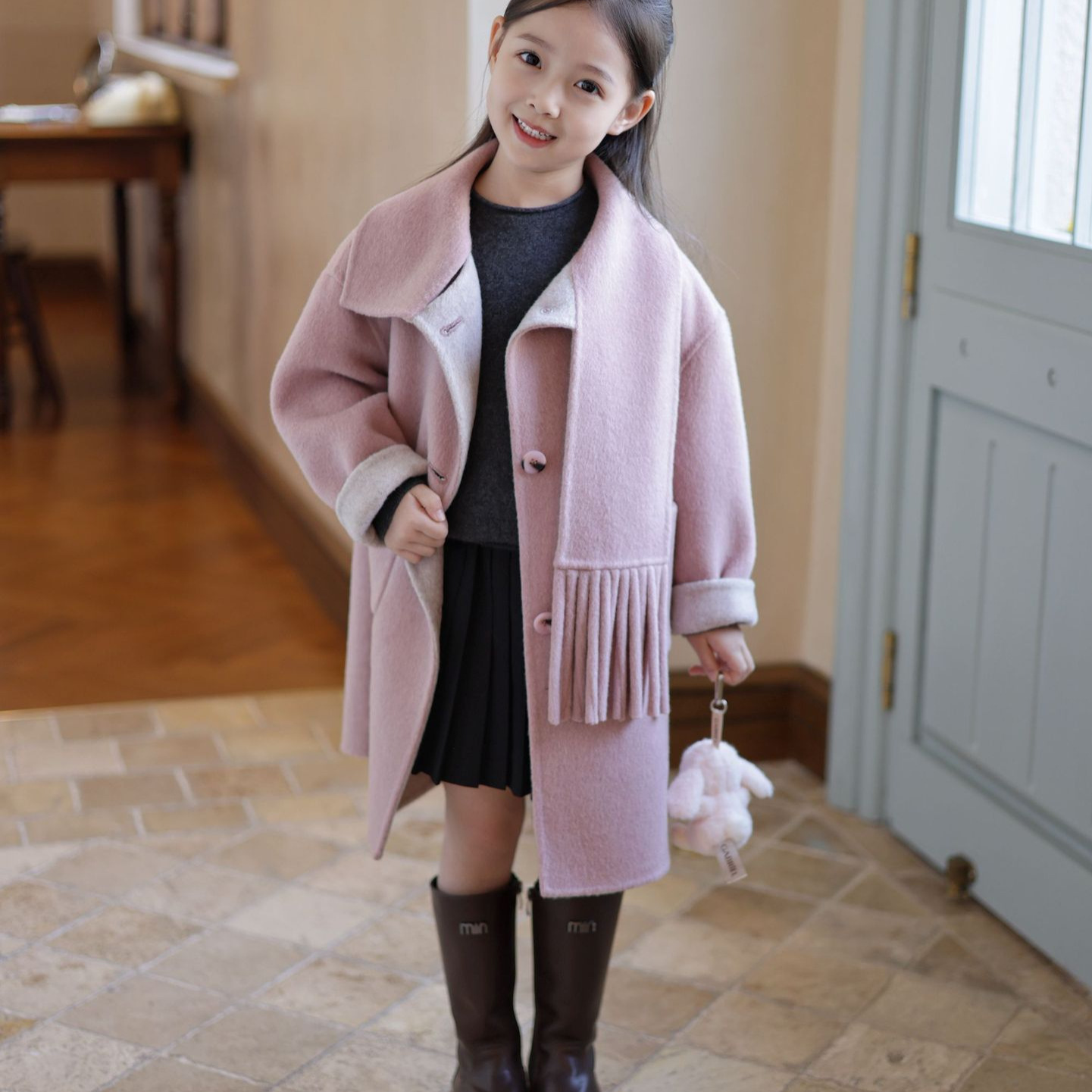围巾设计100%羊毛呢子大衣女童美利奴羊毛中大童冬中长款毛呢外套