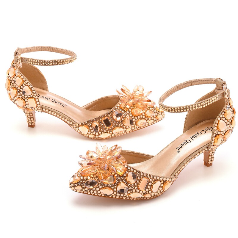 European and American Cinderella Crystal Wedding Shoes Fine Heel Pointed Crystal Glass Flower High Heel Sandals Champagne Gold Rhinestone Sandals Women