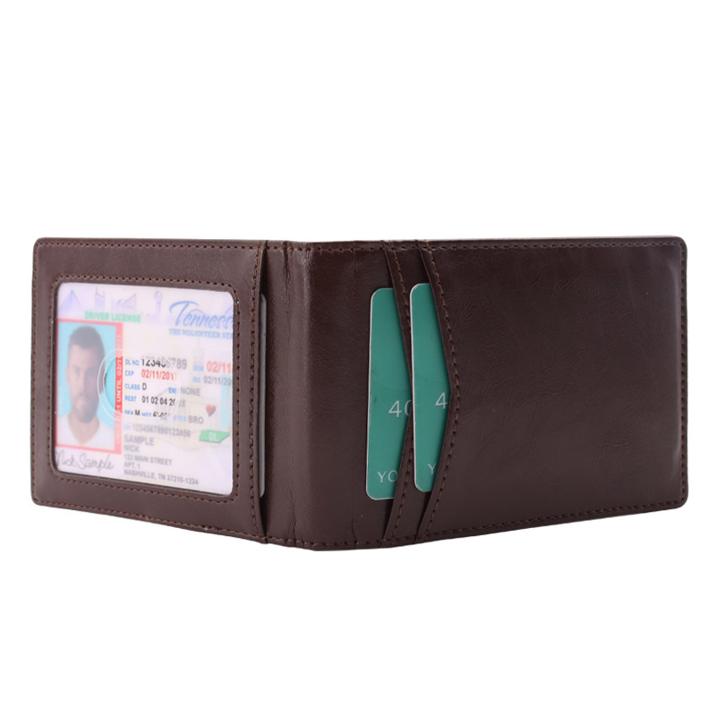 2021厂家定制亚马逊新款男士真皮RFID美金夹头层复古油蜡修面钱包