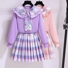 Girls' fashionable suits, stylish autumn skirts, medium and large children's clothing, spring and autumn doll collar sweatshirts, two-piece set