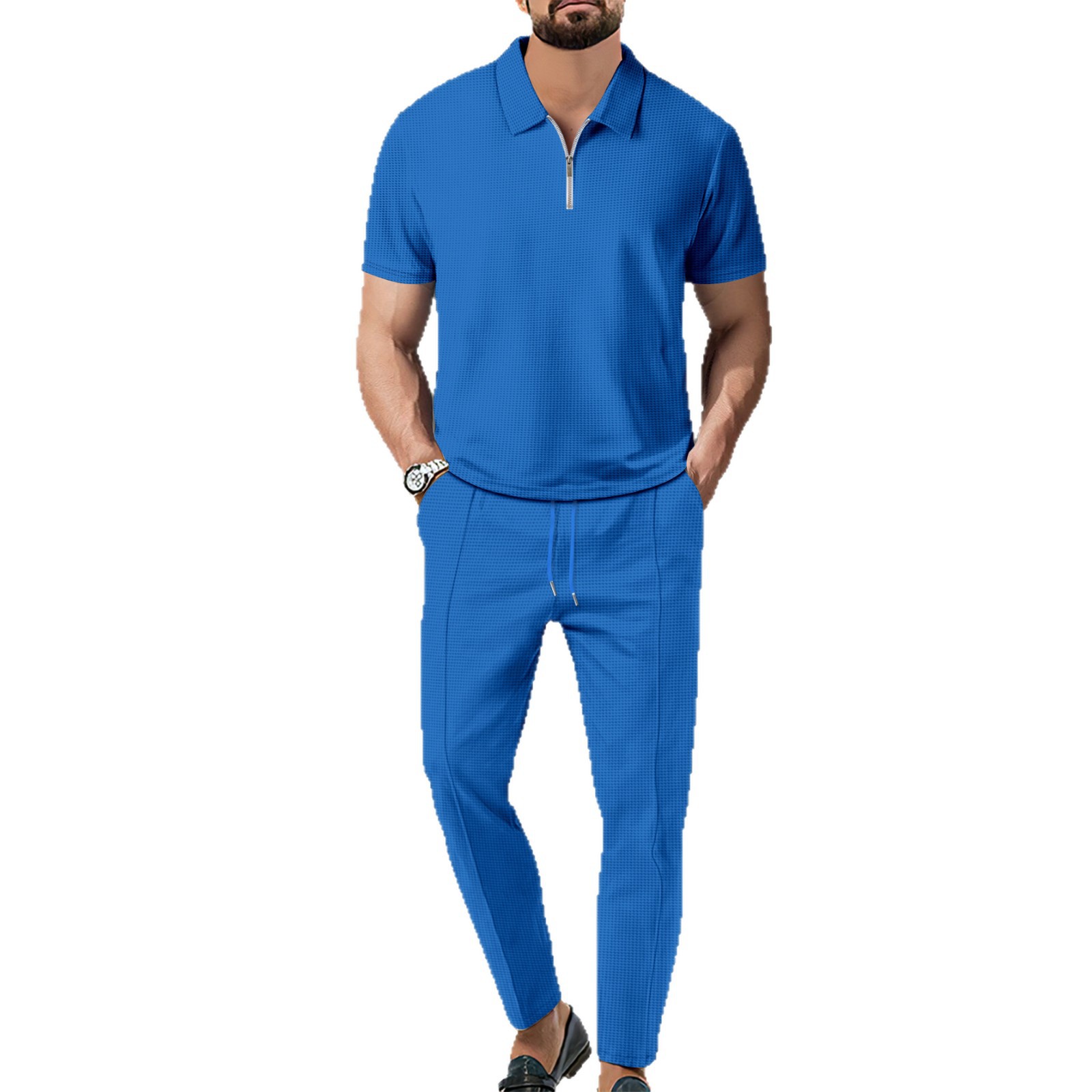 Men's Solid Color Suit with Faux Fur Collar Short Sleeve Half Zip Top And Long Pants - European American Style for Spring Summer_voghion.com