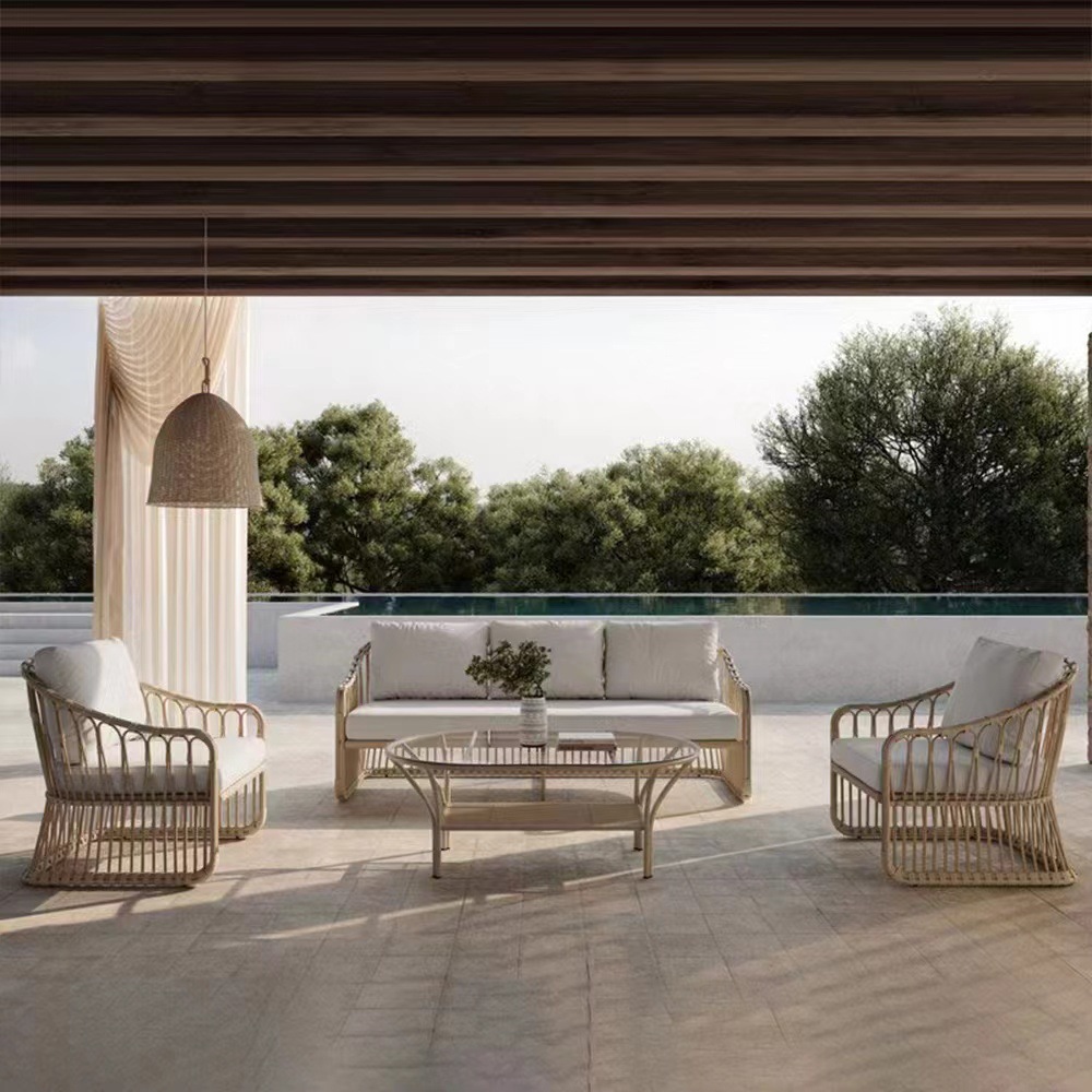 Balcón al aire libre ocio silla de caña al aire libre sofá combinación de asiento hotel terraza villa jardín muebles de caña