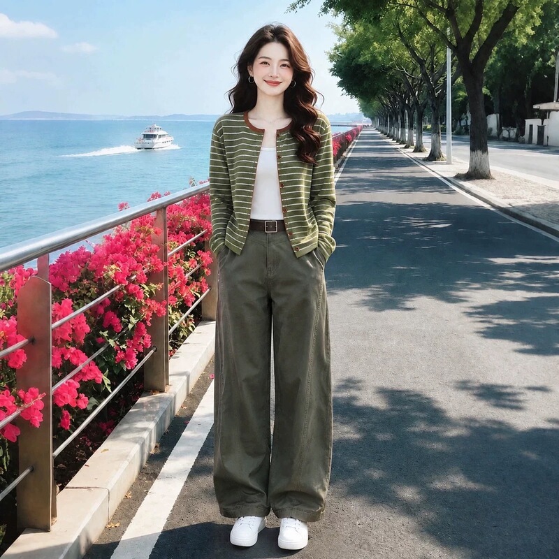 Cardigan top, youthful and stylish for autumn, long-sleeved, casual, soft, and very attractive, fashionable striped knit sweater, 2026