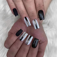 Mid-length oval black and white two-tone nail art with a European and American Instagram style, sparkling sweet and cool fake nails wholesale
