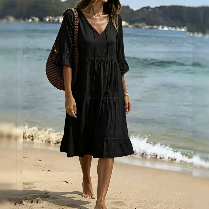 Independent Brand Decorative Loose Dress with Layered Fringe for Vacation, 2026 Model, Cross-Border Mid-Length Dress, European and American Style, White