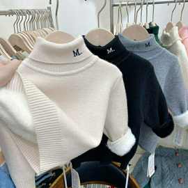 男女童高领毛衣冬款加绒加厚针织衫儿童宝宝一体绒白色针织打时尚