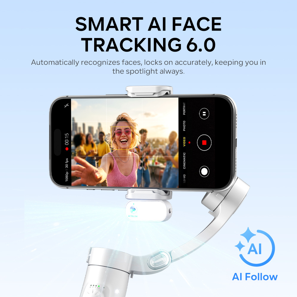 Estabilizador de Teléfono Inteligente de Tres Ejes con Gimbal de Mano y Antivibración, con Seguimiento Facial y Función de Seguimiento para Grabación de Video en Vivo