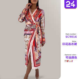 2025跨境春季新款欧美复古民族风女装欧美印花长袖衬衫非洲连衣裙