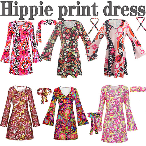 Halloween, European and American women's clothing, 20th century, 70th generation hippie clothing, printed dress, female
