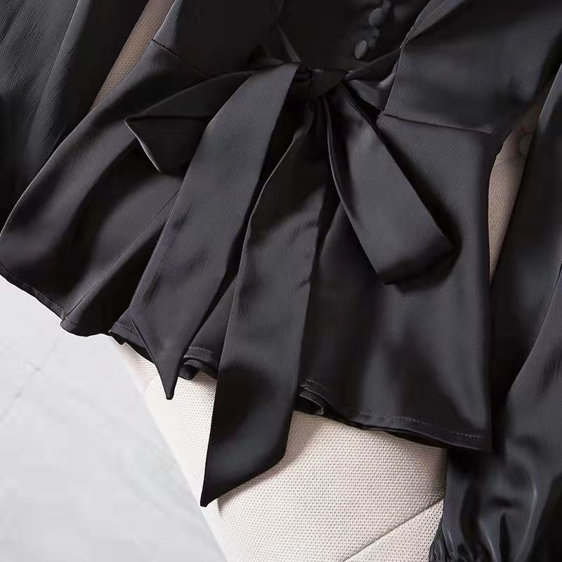 Blusa Plus Size com Decote em V - Top Modelador que Controla a Barriga, Blusa Elegante de Manga Longa com Definição da Cintura (Preta, Tamanhos G-4XG, Mistura de Poliéster)_voghion.com