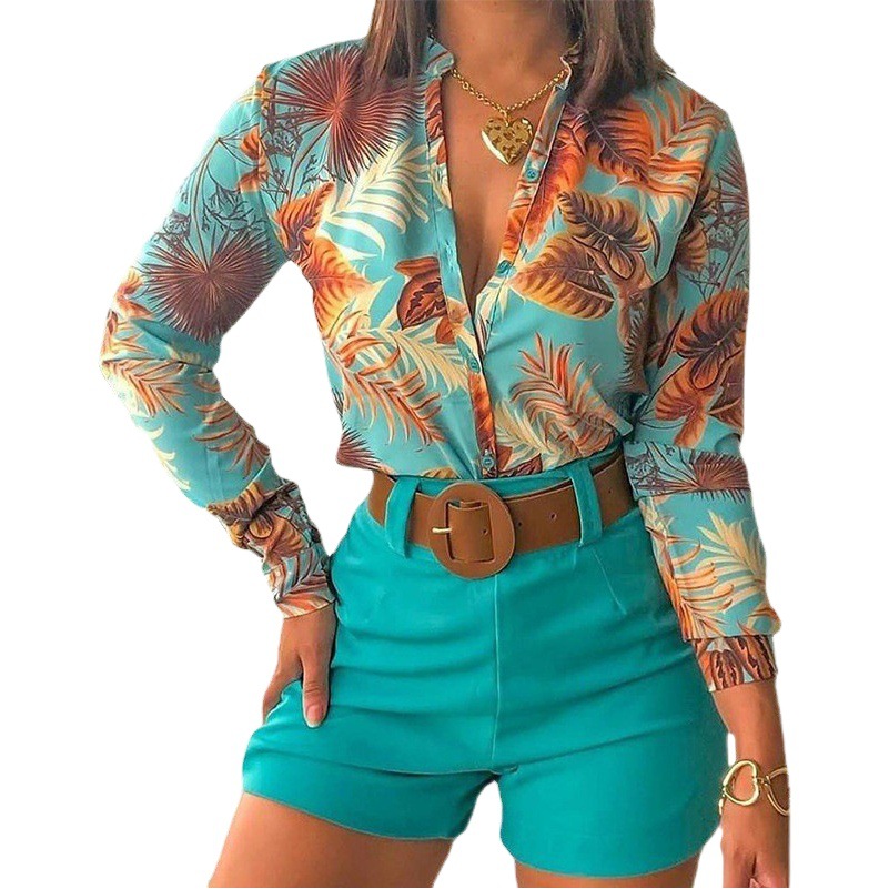 Conjunto de ropa femenina para comercio exterior europeo y americano, nuevo producto transfronterizo 2026, camisa de manga larga con cuello alto y estampado digital, ligera y elegante, para mujer.
