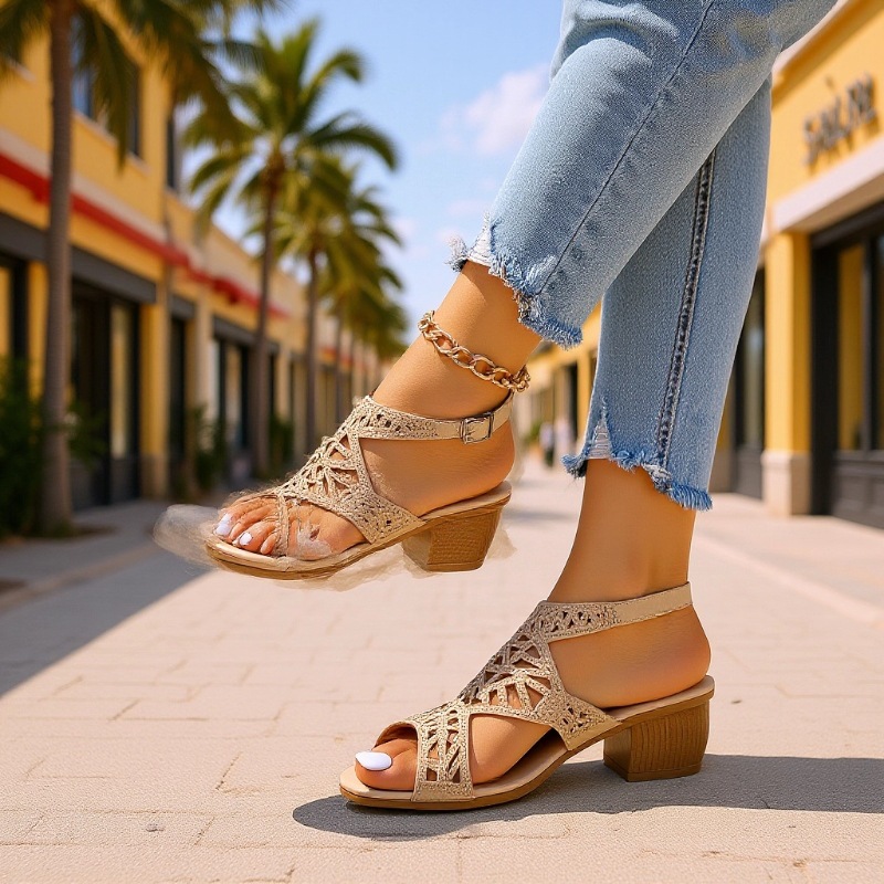 Qadın açıq barmaq rhinestone ayaqqabı, qalın dabanlı sandal