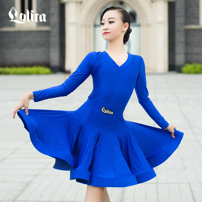 Child girls royal blue latin performing dance dresses latin Dance skirt art test standard Latin dance competition clothes