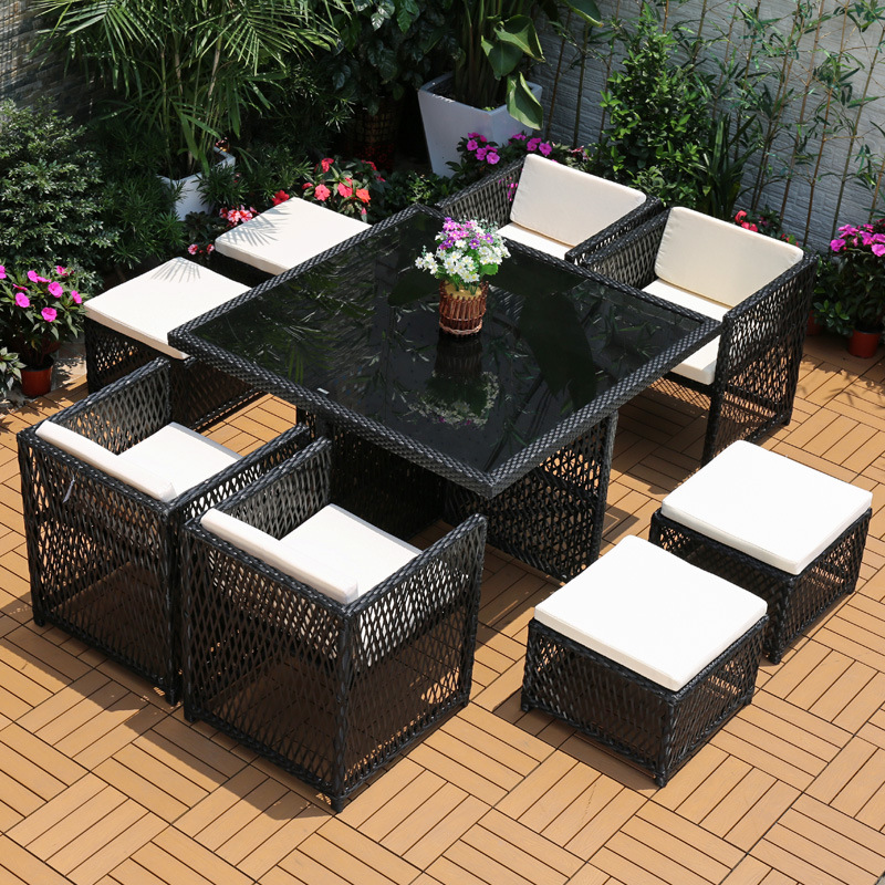 Silla de mimbre al aire libre combinación terraza de ocio balcón silla de ratán patio al aire libre mesa y silla con respaldo impermeable y protector solar