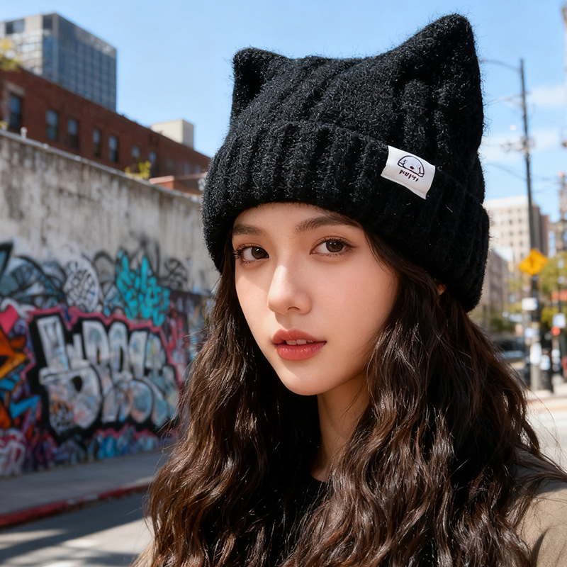 韩版猫耳朵毛线帽子女冬2025新款保暖护耳针织帽显脸小可爱套头帽|undefined
