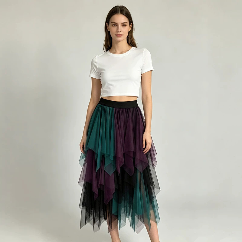 New Korean Style Women's High-Waisted Color-Blocked Irregular Mid-Length Puffy Mesh Skirt New Korean Style Women's High-Waisted Color-Blocked Irregular Mid-Length Puffy Mesh Skirt