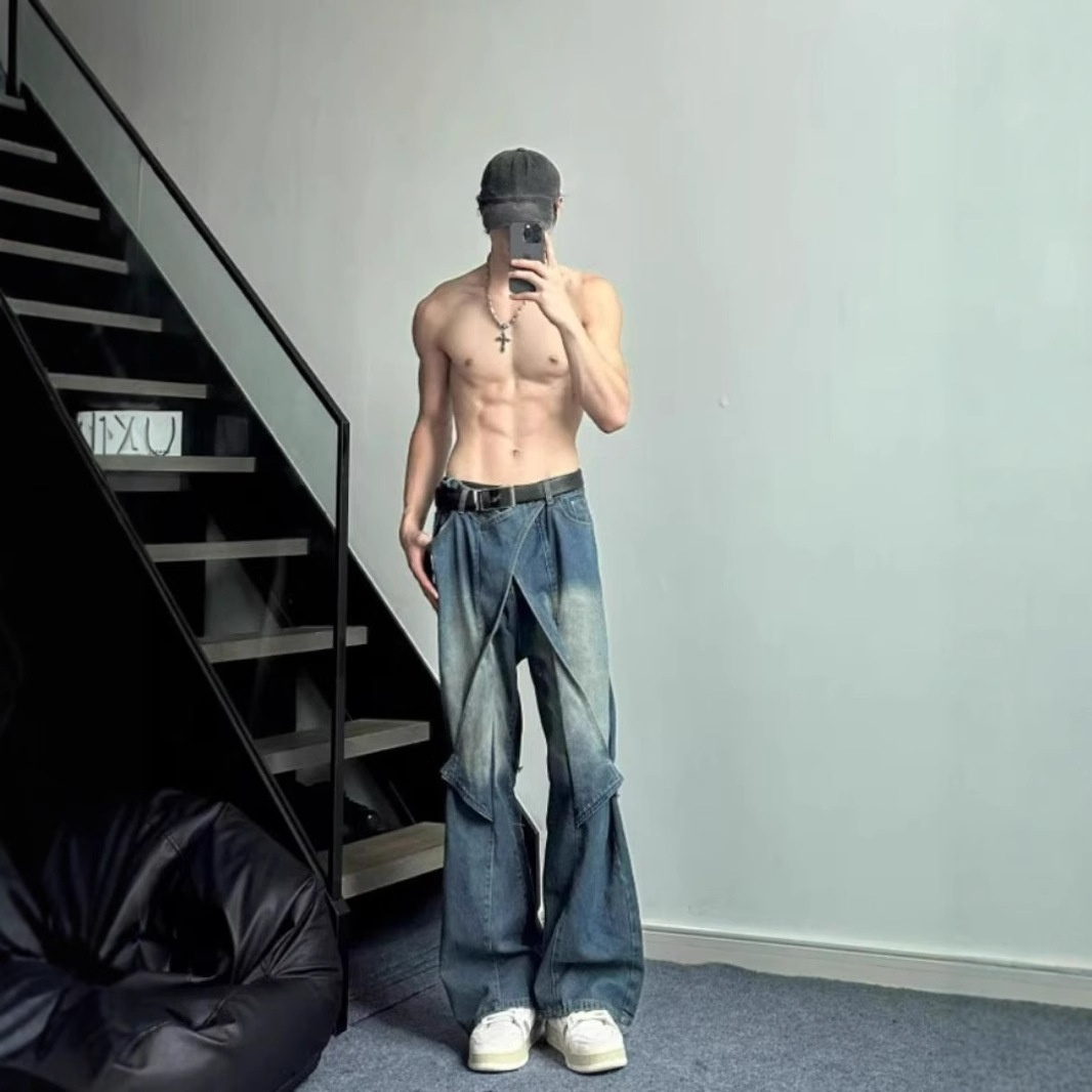 boy Black Cargo Jeans For Men, Design Sense Deconstructed Pants, European And American High Street Tall Flared Pants_voghion.com