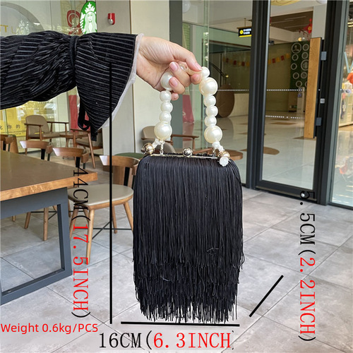 Stylish Niche Fringe Small Square Bag, Instagram Influencer Fringe Crossbody Bag for Women, Pearl Chain Top Handle Evening Bag, Trendy