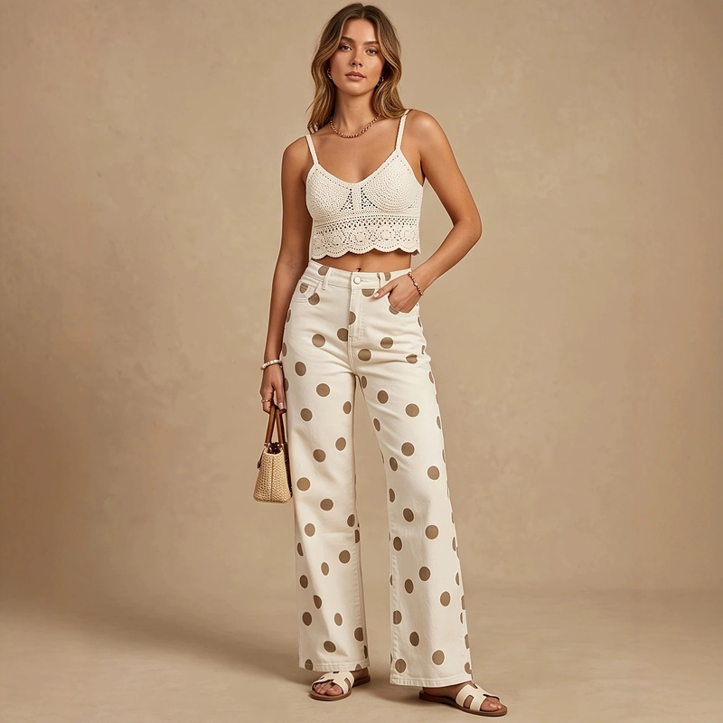 European and American hot-selling products from the source factory, cross-border e-commerce, in-stock fashion polka dot high-waisted slimming wide-leg women's jeans with high elasticity European and American hot-selling products from the source factory, cross-border e-commerce, in-stock fashion polka dot high-waisted slimming wide-leg women's jeans with high elasticity